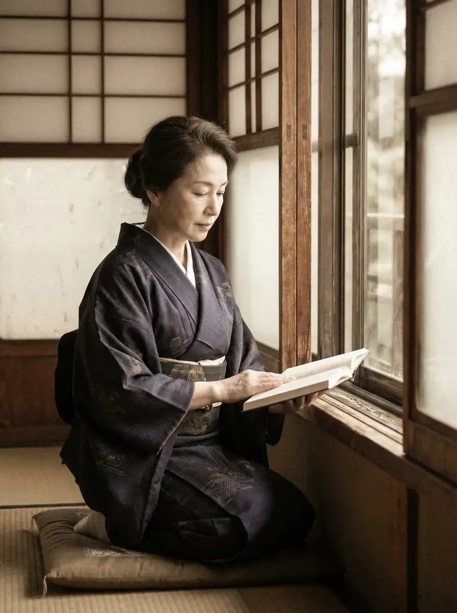 一位优雅的五十岁 马嘉祺顶弄宋亚轩里面 身穿深蓝色和服，在窗边静读