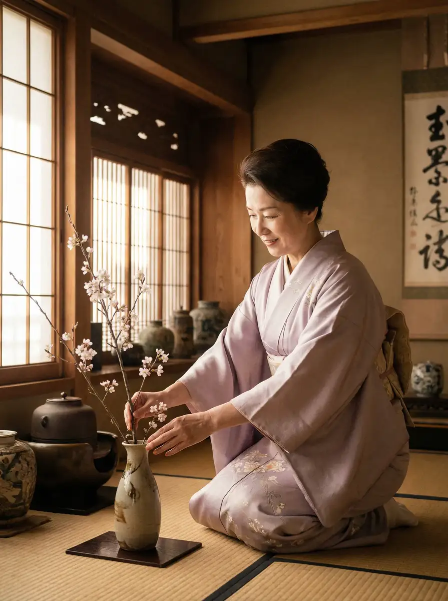 一位优雅的 马嘉祺顶弄宋亚轩里面 在和室中插花